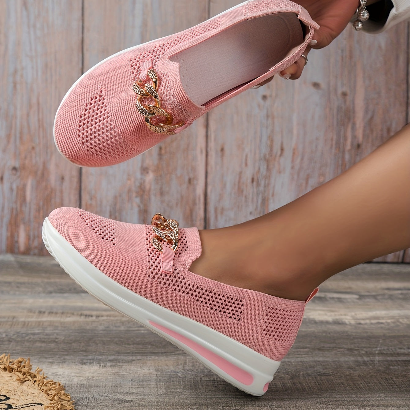 Knit Sock Shoes Metal Chain Slip On Low Top Casual Flat Shoes