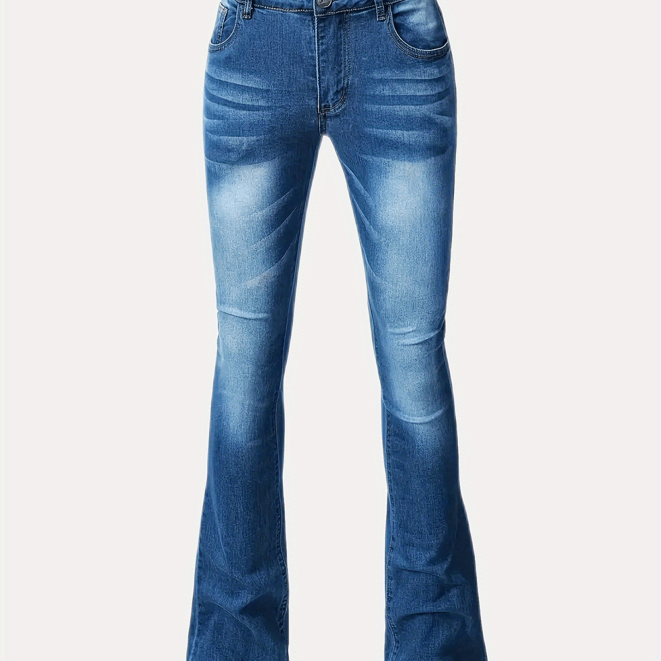Water Ripple Embossed Flare Leg Denim Pants Whiskering High Stretch