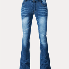 Water Ripple Embossed Flare Leg Denim Pants Whiskering High Stretch