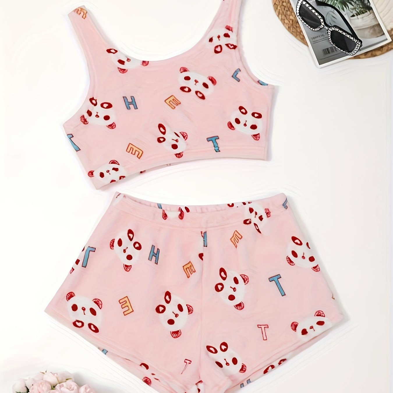 Panda & Letter Print Flannel Crop Top & Shorts Lounge Set
