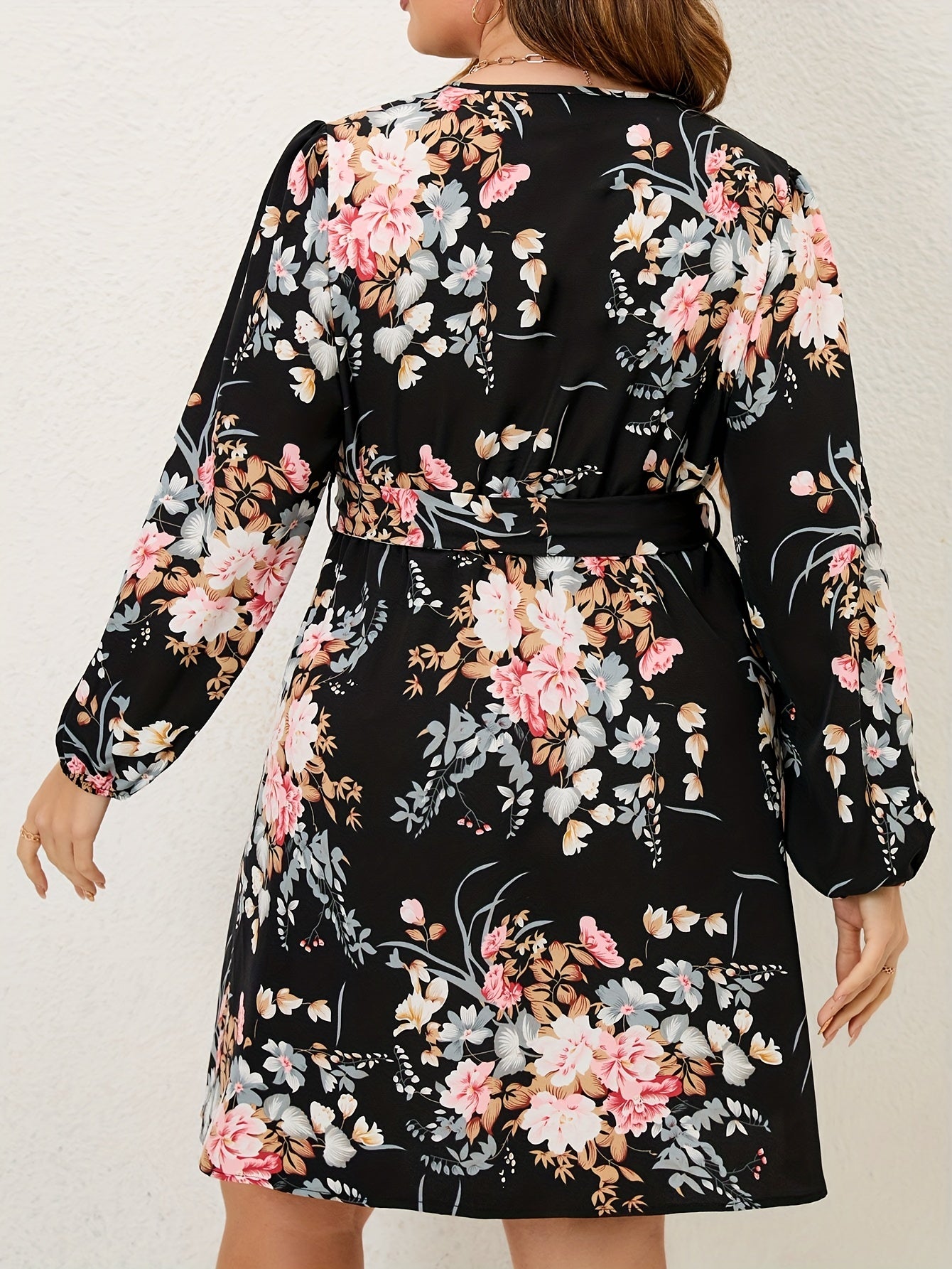 Floral Print Lantern Sleeve Knee Length Dress With Belt