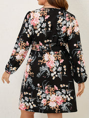 Floral Print Lantern Sleeve Knee Length Dress With Belt