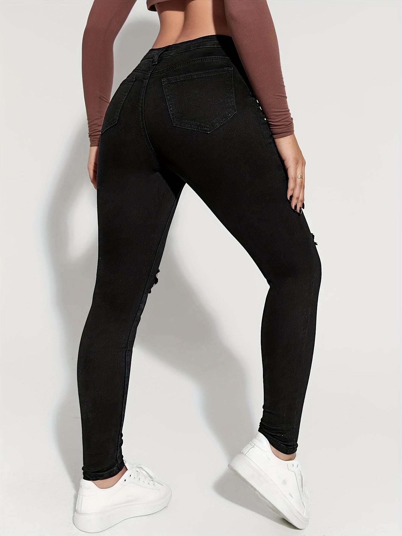 Slim Fit Distressed High Rise Jeans Button High Waist Denim Pants
