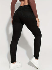 Slim Fit Distressed High Rise Jeans Button High Waist Denim Pants