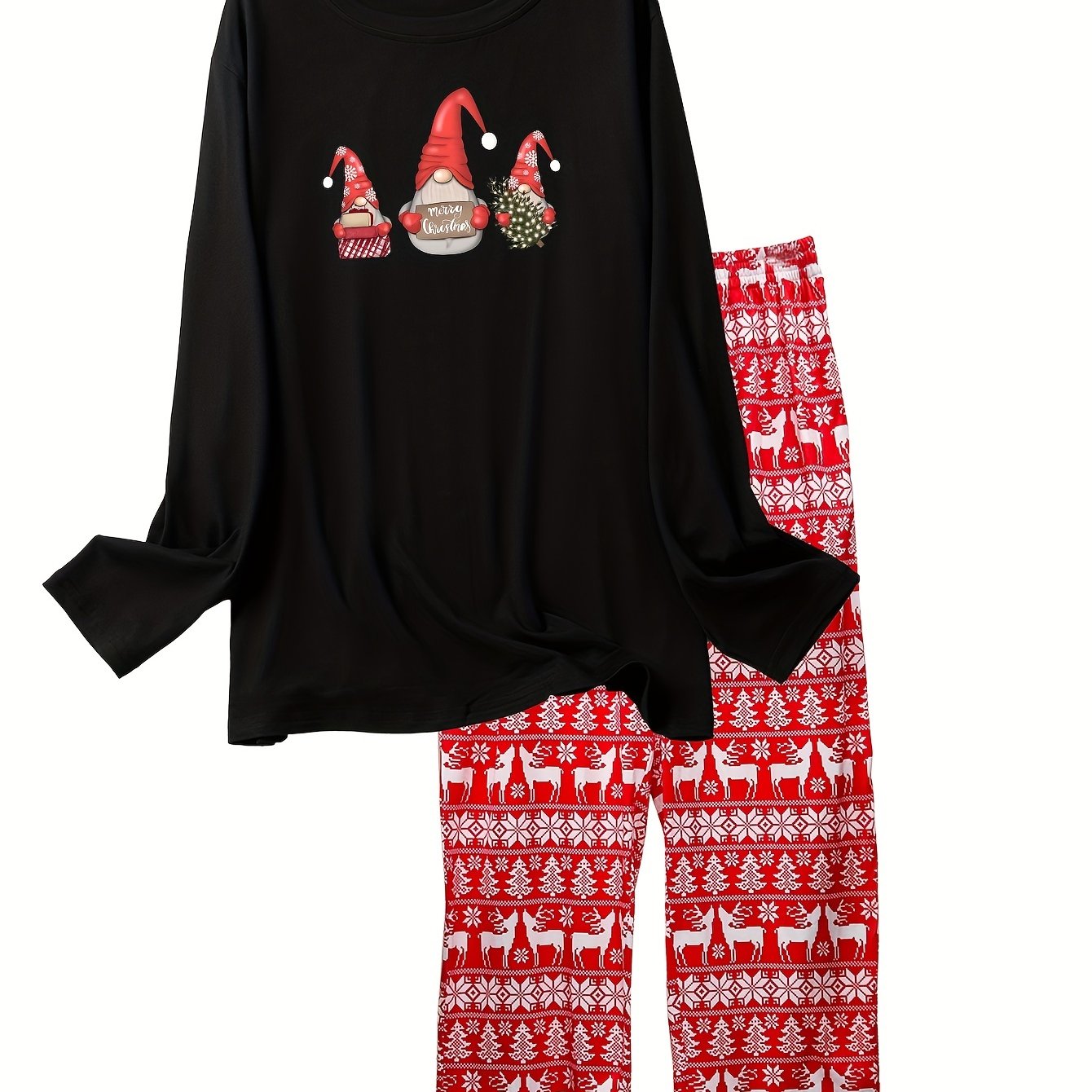 Christmas Casual Pajama Set Women's Plus Gnome Deer Snow Print