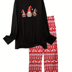 Christmas Casual Pajama Set Women's Plus Gnome Deer Snow Print