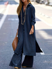 Solid Button Up Long Sleeve Lapel Casual Outfit Set