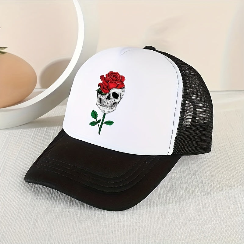 Skull Rose Print Baseball Cap Adjustable Sun Hat Hip Hop Dad Hats