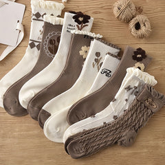 5 Pairs Floral Print Ruffle Socks Breathable Women's Stockings