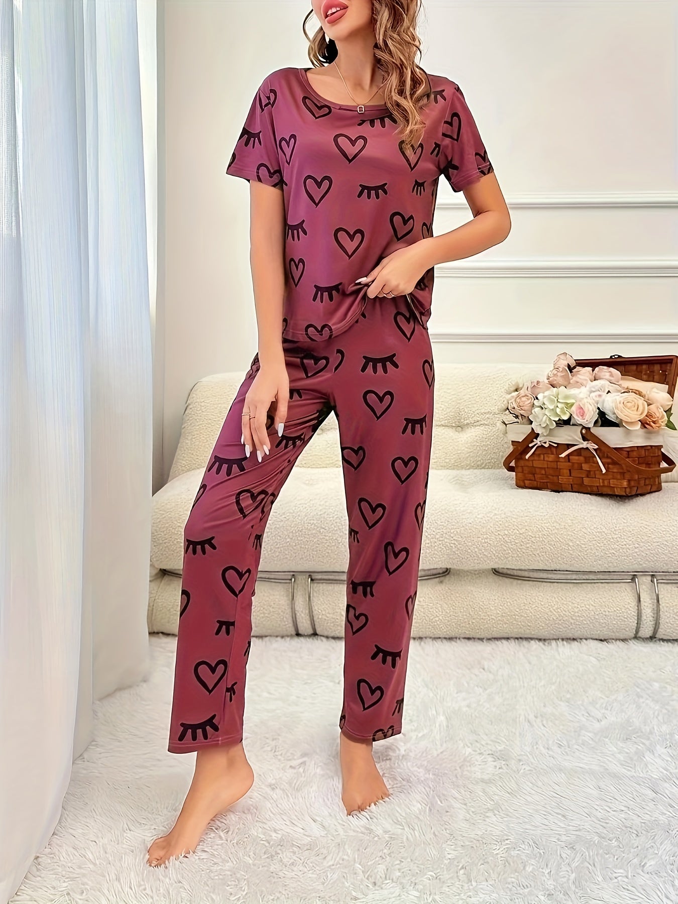 Heart Print Pajama Set Short Sleeve Crew Neck Top & Elastic Waistband Pants