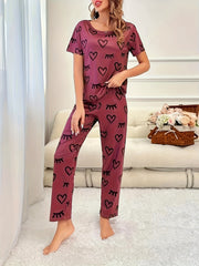 Heart Print Pajama Set Short Sleeve Crew Neck Top & Elastic Waistband Pants