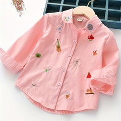 Girl s Cartoon Embroidered Collared Shirt Top For Autumn Outfit