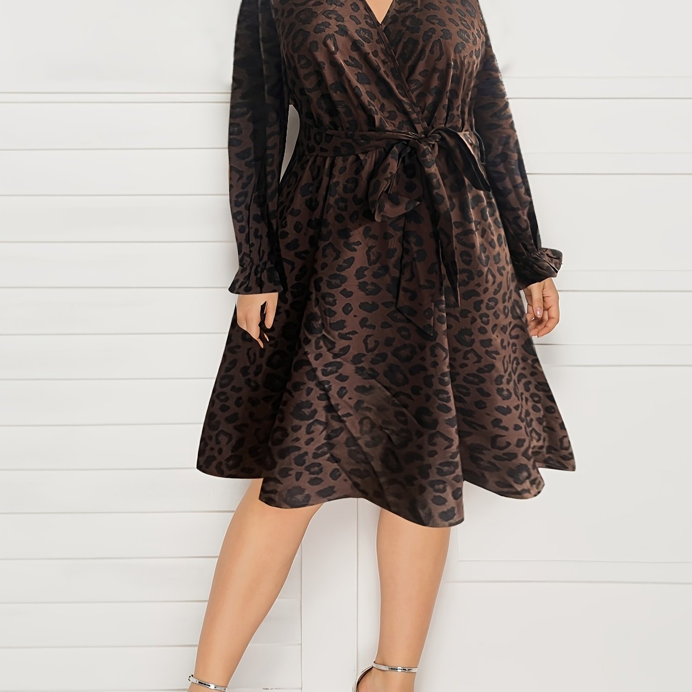 Leopard Print Lantern Sleeve Surplice Neck Dress With Belt