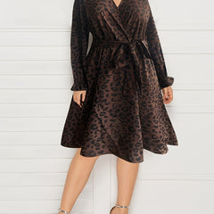 Leopard Print Lantern Sleeve Surplice Neck Dress With Belt