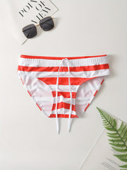 Men's Stripe Drawstring Swim Briefs Quick Dry Beach Pool Swim Shorts