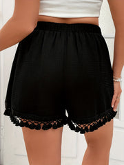 Solid Waffle Tassel Trim Elastic High Rise Loose Shorts