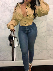 Solid Button Up Long Sleeve Blouse