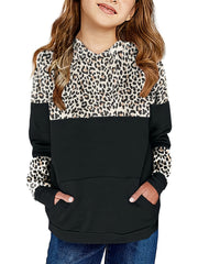 Girls Leopard Stitching Hoodie Long Sleeve Fleece Sweatshirt for Autumn