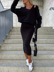 Solid V Neck Hoodie & Tank Dress Outfits Set