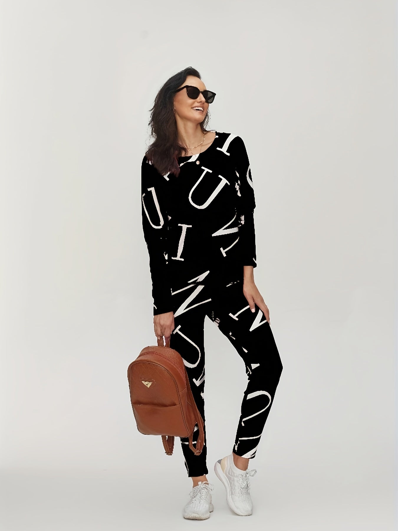 Casual Two Piece Set Long Sleeve Crew Neck Tops & Slim Pants