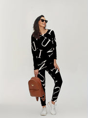 Casual Two Piece Set Long Sleeve Crew Neck Tops & Slim Pants