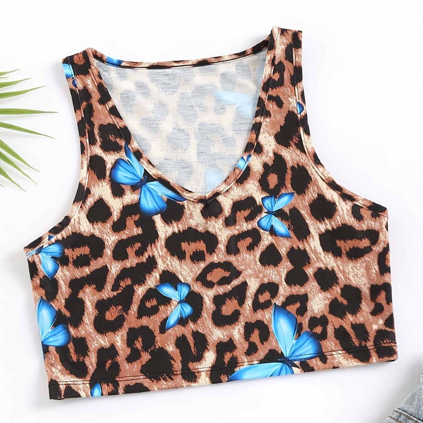 Leopard & Butterfly Print Tank Top V Neck Sleeveless Top