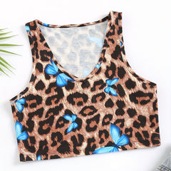 Leopard & Butterfly Print Tank Top V Neck Sleeveless Top
