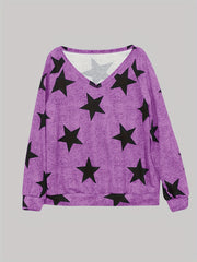 Star Print V Neck Sweatshirt Casual Long Sleeve Pullover for Spring & Fall
