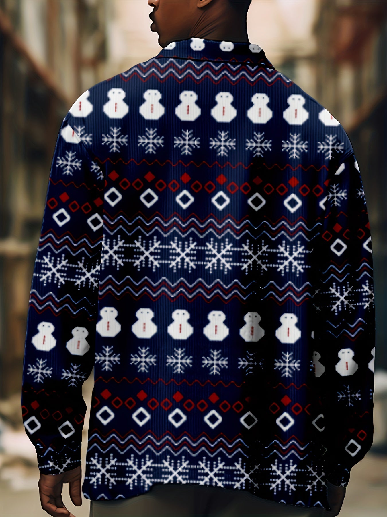 Men's Snowman Print Button Up Long Sleeve Shirt