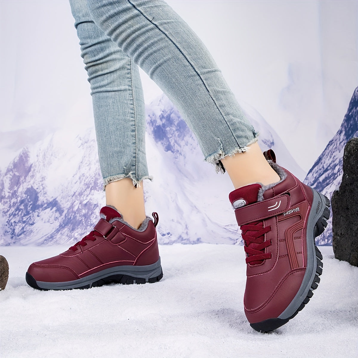 Warm Snow Boots Faux Fur Lined Waterproof Slip On Hiking Boots
