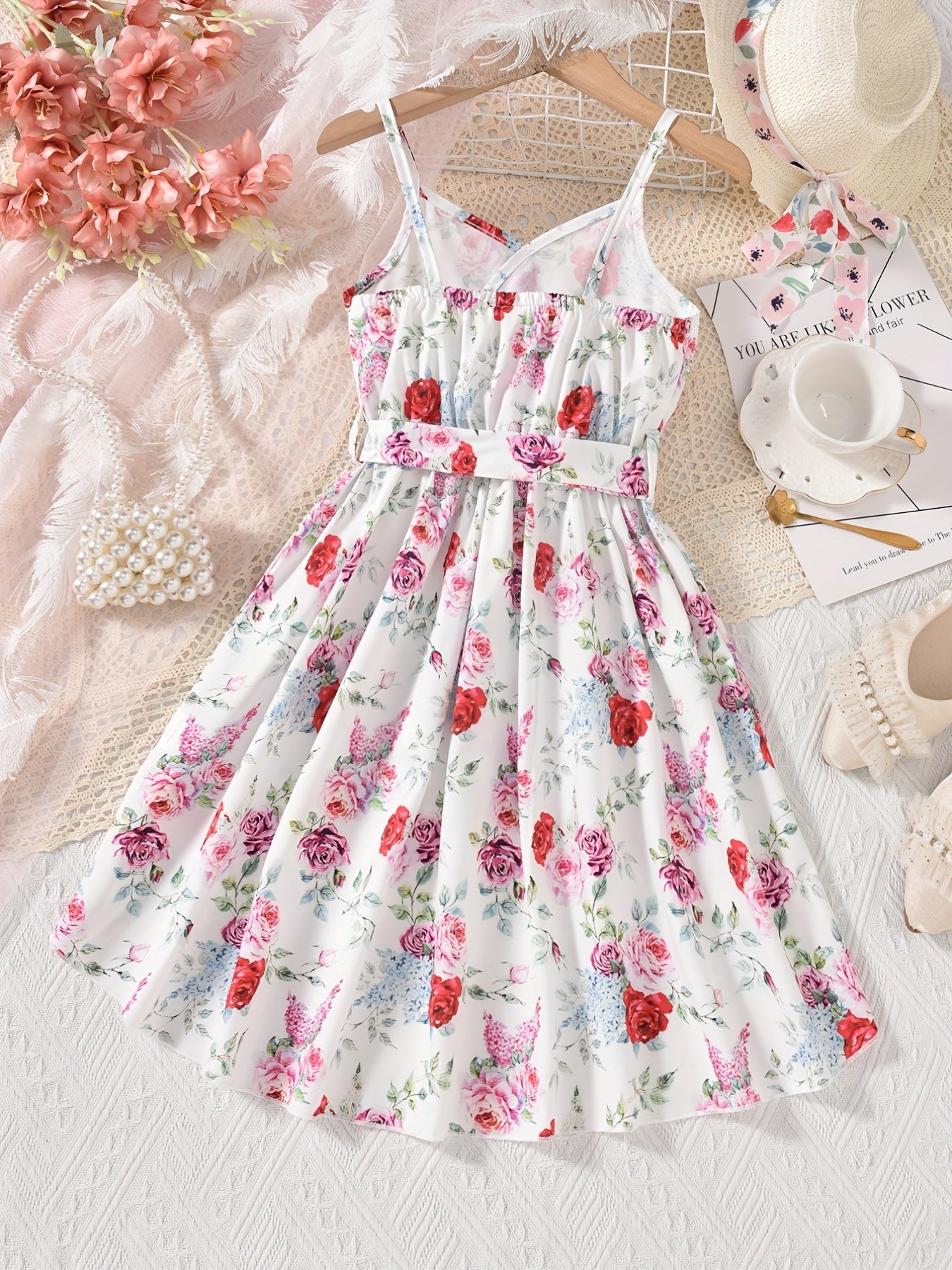 Girls' Rainbow V-Neck Dress High Low Belted Cami for Vacation Summer