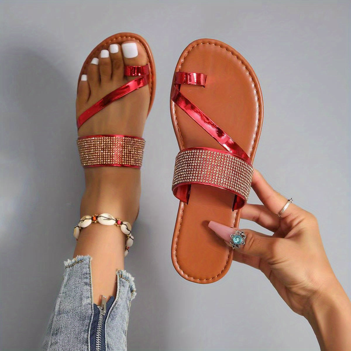 Women's Rhinestone Slide Sandals Lightweight Open Toe Slip On Shoes