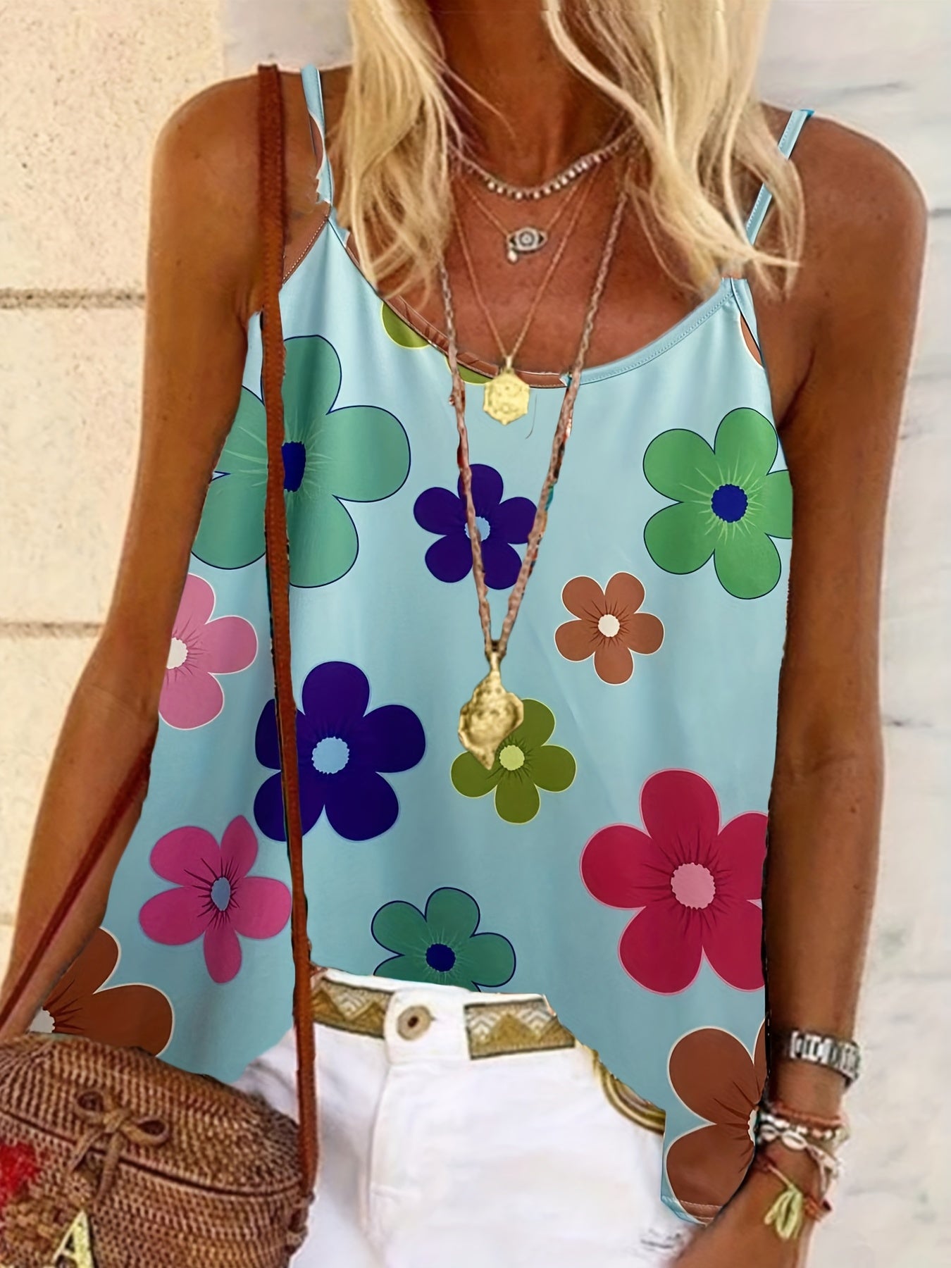 Floral Print Spaghetti Cami Top Summer Sleeveless Scoop Neck