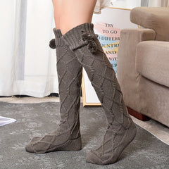 Argyle Calf Socks Pompom Decor Warm Knee High Socks Women's