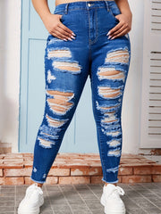 Plus Solid Button Fly Ripped Fringe Trim High Rise Skinny Jeans
