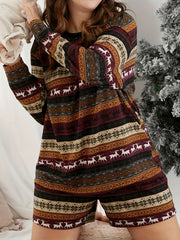Christmas Lounge Set Elk & Stripe Print Tee & Shorts Pajamas