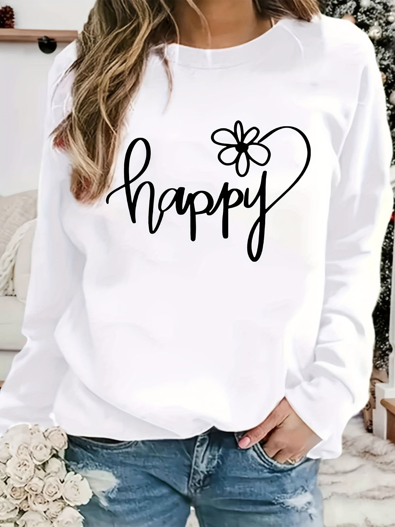 Happy Print Sweatshirt Crew Neck Women's Clothing