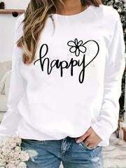 Happy Print Sweatshirt Crew Neck Women's Clothing