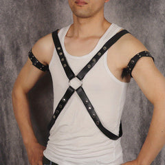 Men's PU Leather Body Chest Harness & Armbands Set for Cosplay Costume