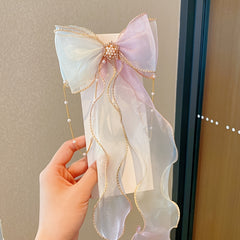 Baby Girls Mesh Bow Ribbon Hair Clips With Pearl Tassel