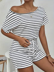 Striped Print Drawstring Waist Romper Jumpsuit Boat Neck Short Sleeve
