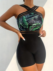 Criss Cross Neck Colorblock One Piece Swimsuit