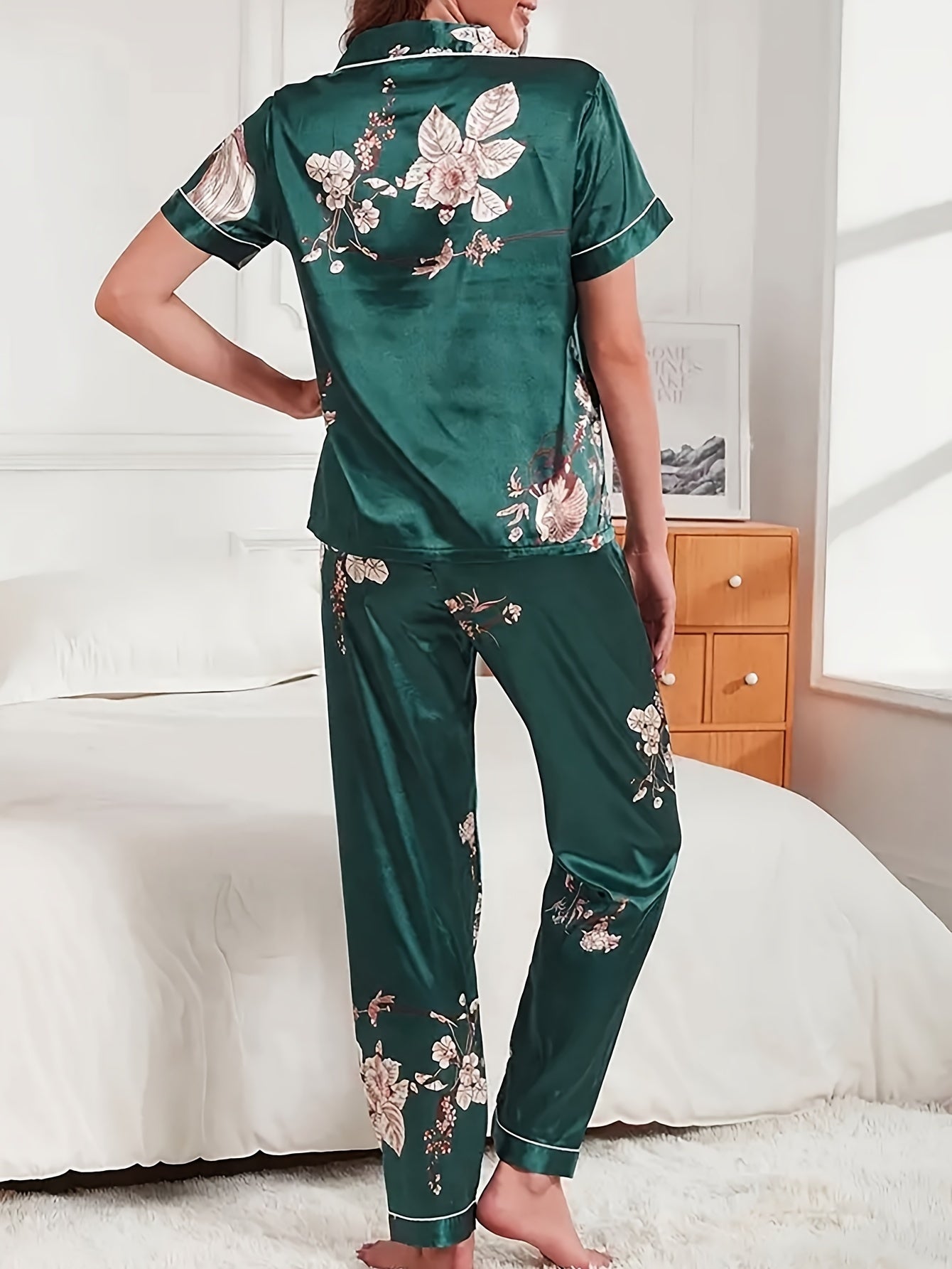 Floral Print Pajama Set Short Sleeve Top & Pants Women's Sleepwear