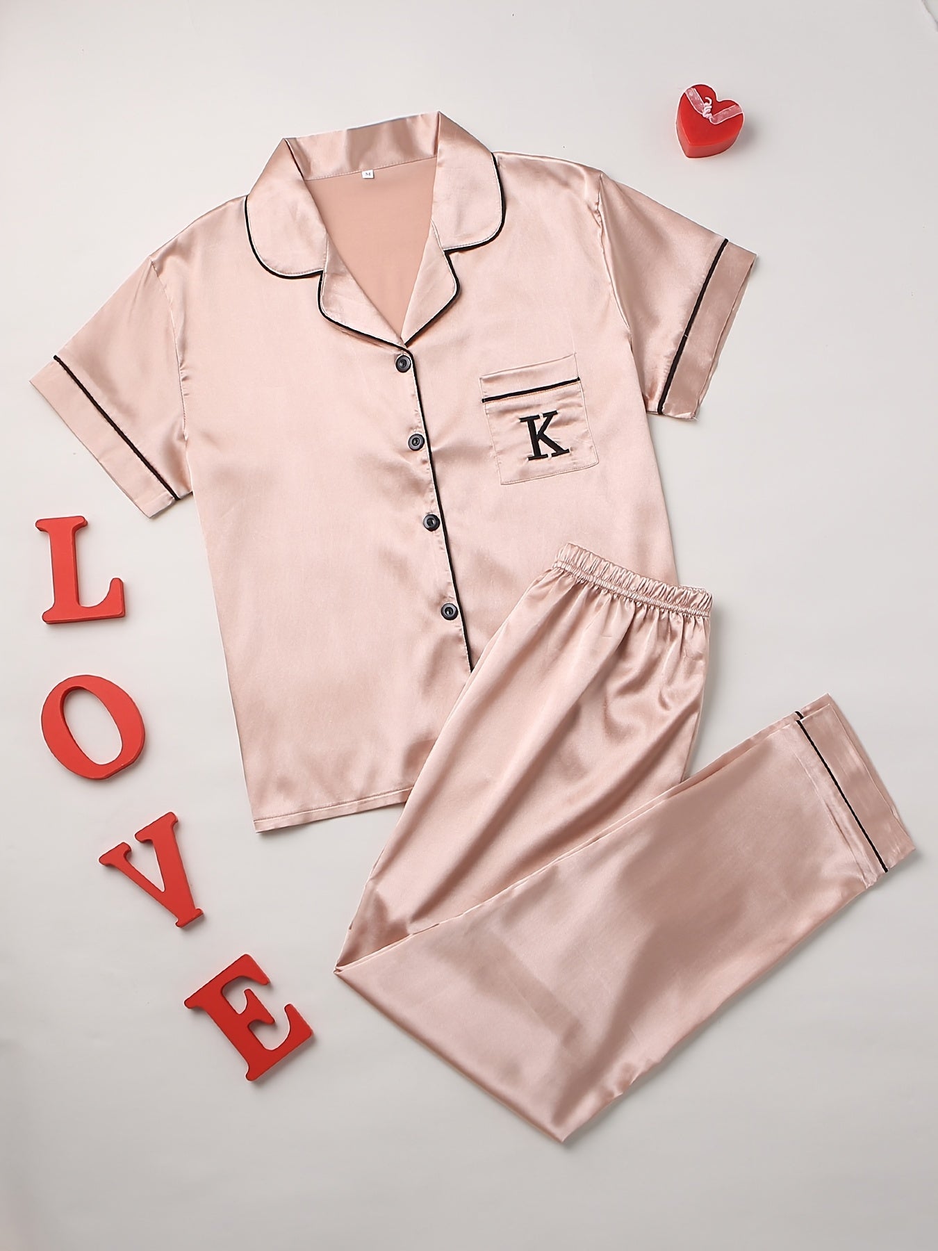 Letter Print Pajama Set Short Sleeve Top & Pants Women's Sleepwear