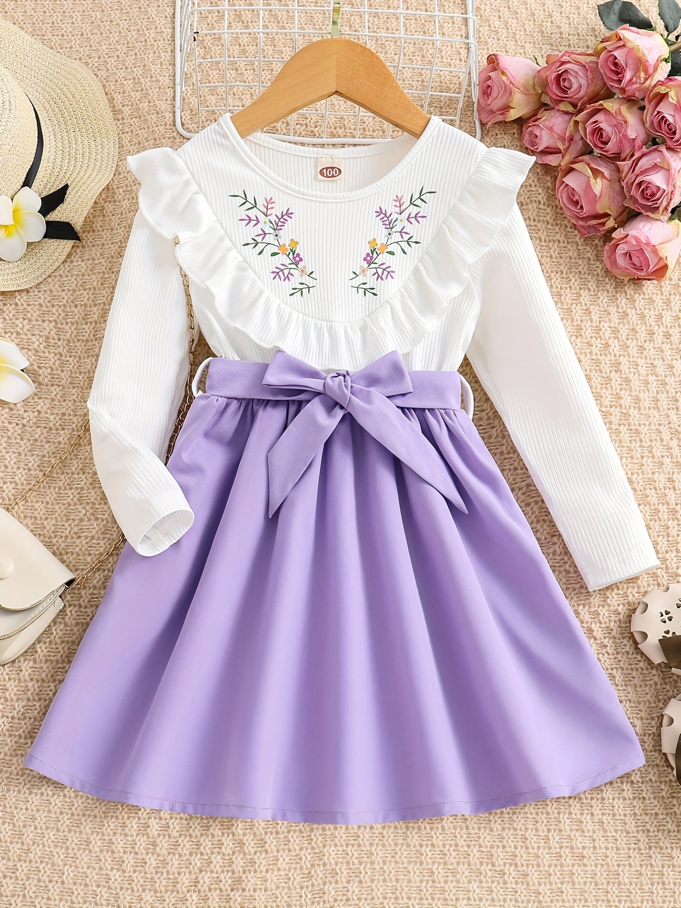 Girls Ruffled Splicing Dress With Belt Long Sleeves Round Neck Flowers Print Pri