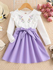 Girls Ruffled Splicing Dress With Belt Long Sleeves Round Neck Flowers Print Pri
