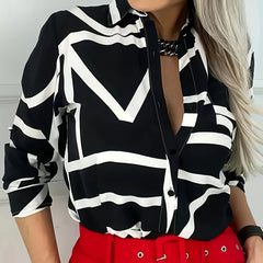 Geometric Print Button Up Long Sleeve Blouse