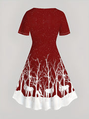 Christmas Deer Print Short Sleeve Dress Women's Plus