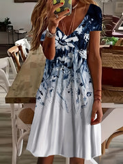 Floral Print V Neck Stretch Dress