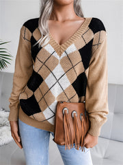 Argyle Print V Neck Long Sleeve Sweater Women's Clothing
